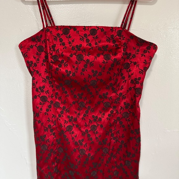 Vintage City Triangles Red Floral Print Satin Mini Dress, Y2K, 90s - Picture 2 of 11